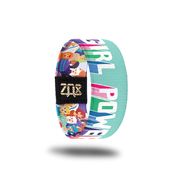 Inside Design of Girl Power (kids size): light blue background with bold white text that is shadowed with purple, pink, green, blue, and orange below