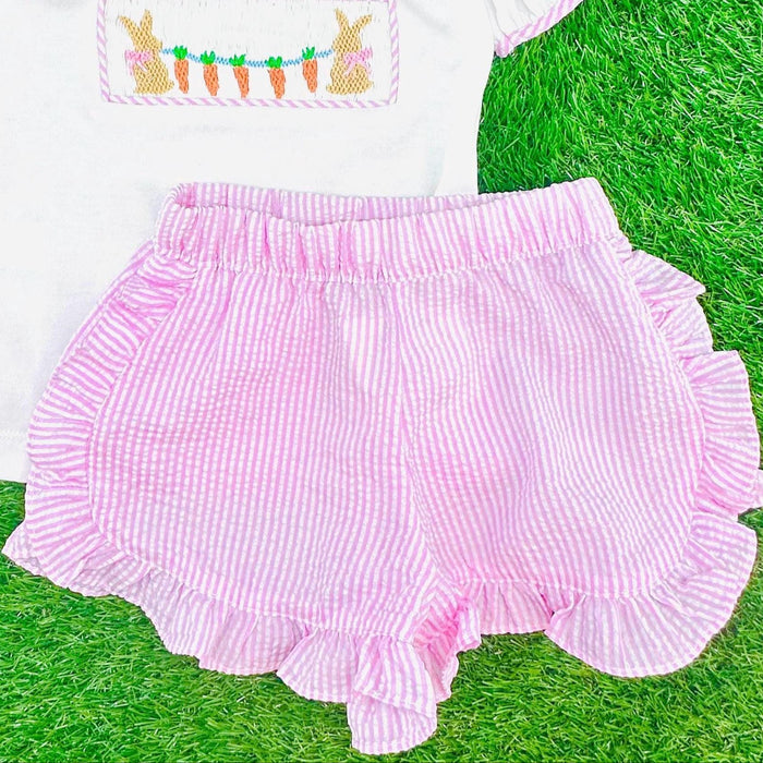 Girl's Shorts in Pink Seersucker with Ruffles