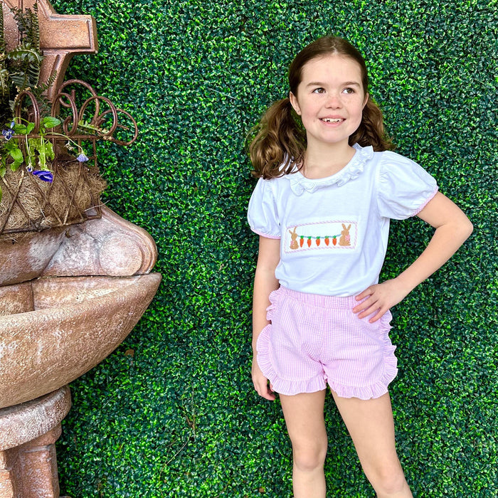 Girl's Shorts in Pink Seersucker with Ruffles