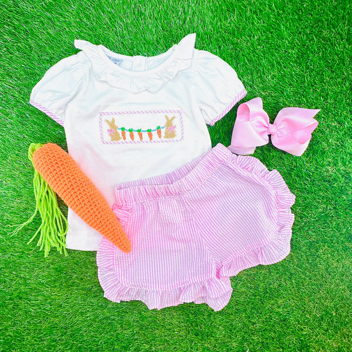 Girl's Shorts in Pink Seersucker with Ruffles