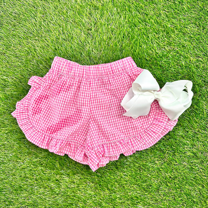 Girl's Shorts in Small Pink Gingham with Ruffles
