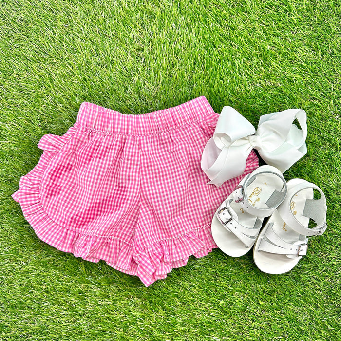 Girl's Shorts in Small Pink Gingham with Ruffles