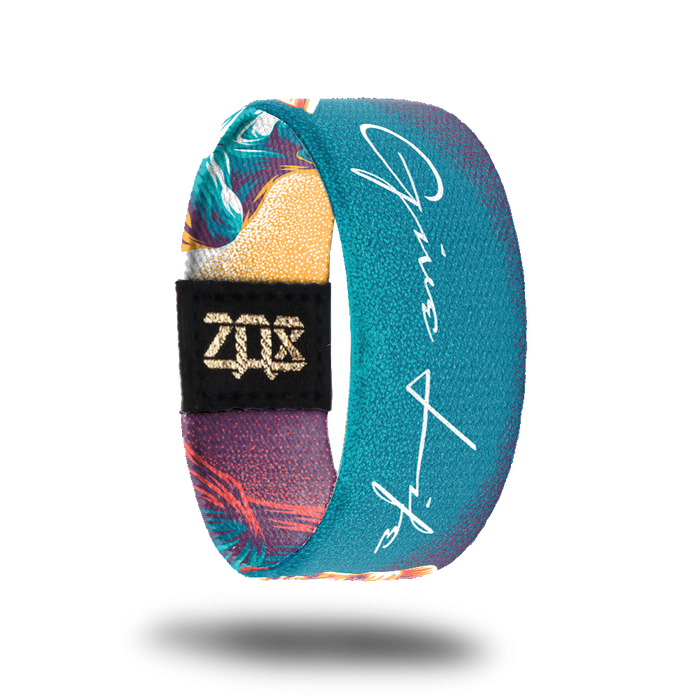 Inside design of Give Life. Blue background with Give Life centered in thin white text
