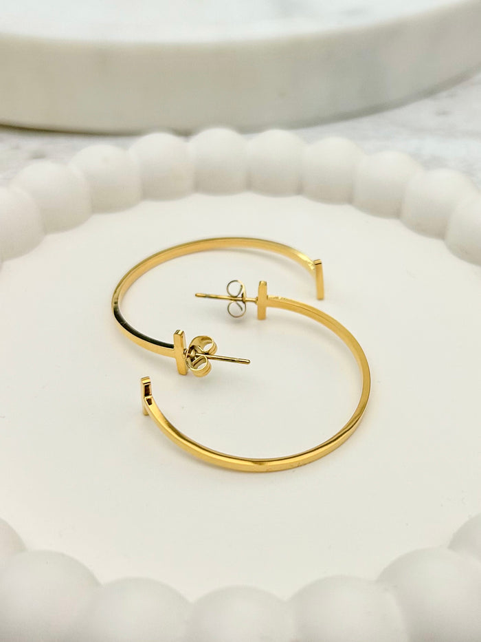 Gold T-Bar Hoop Earrings