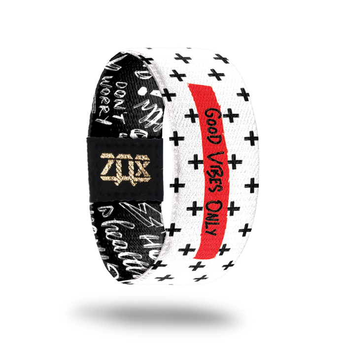 Inside design of Good Vibes Only. White background with plus sign patten in black. Red box at center with Good Vibes Only in black text on the inside