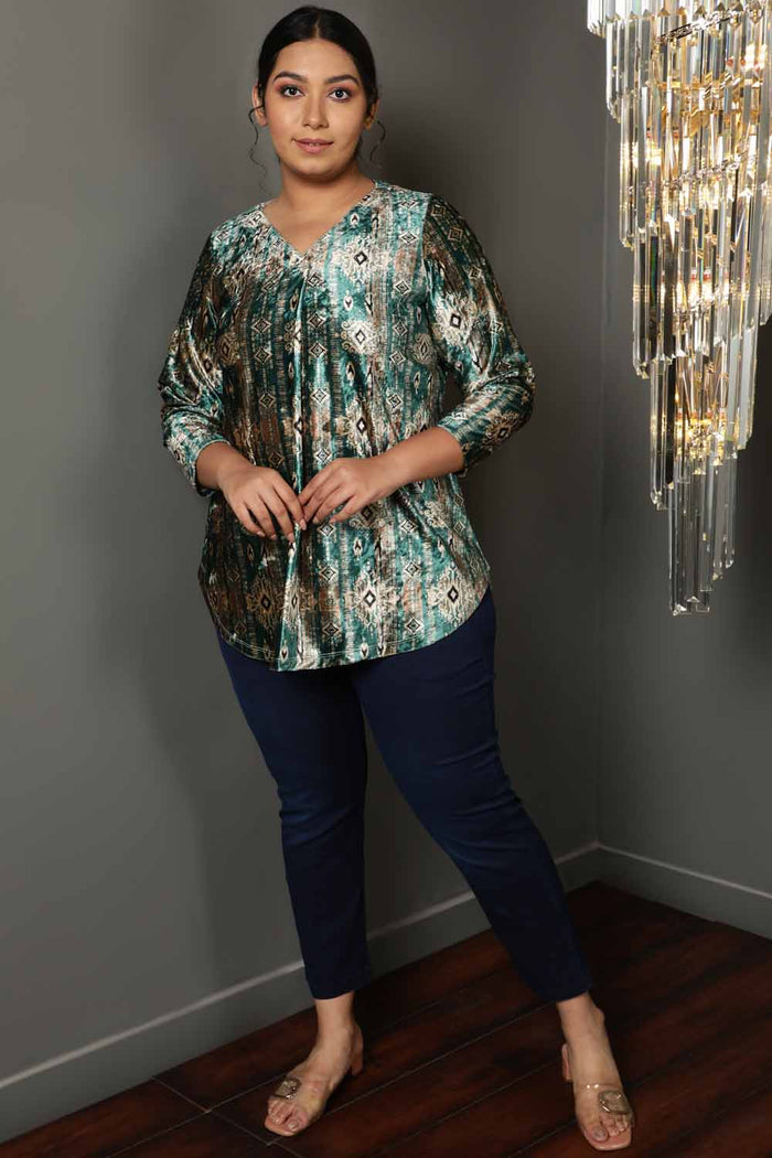 Green Ikkat V Neck Velvet Top
