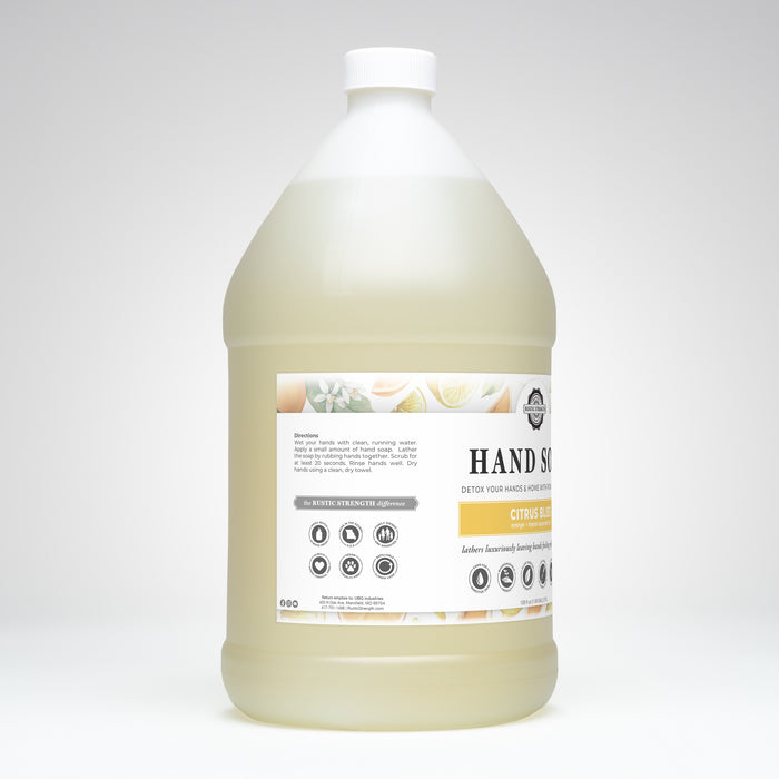 Rustic Strength, Hand Soap,128 oz Plastic, Citrus Bliss, Side View Left