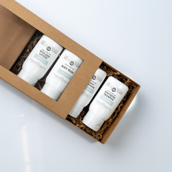 Rustic Strength, Mama + Baby Safe scented Travel Kit, 2oz Plastic with Body Wash, Soothing Shampoo, Coconut Condition and Avocado Lotion