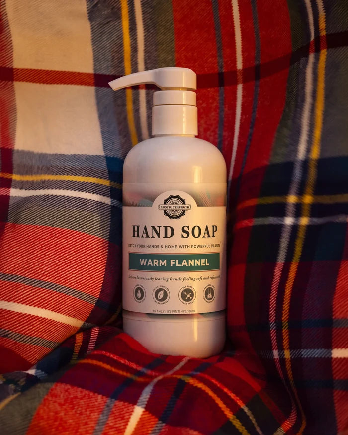 Rustic Strength, 16 oz Plastic Hand Soap Warm Flannel scent on a plaid blanket