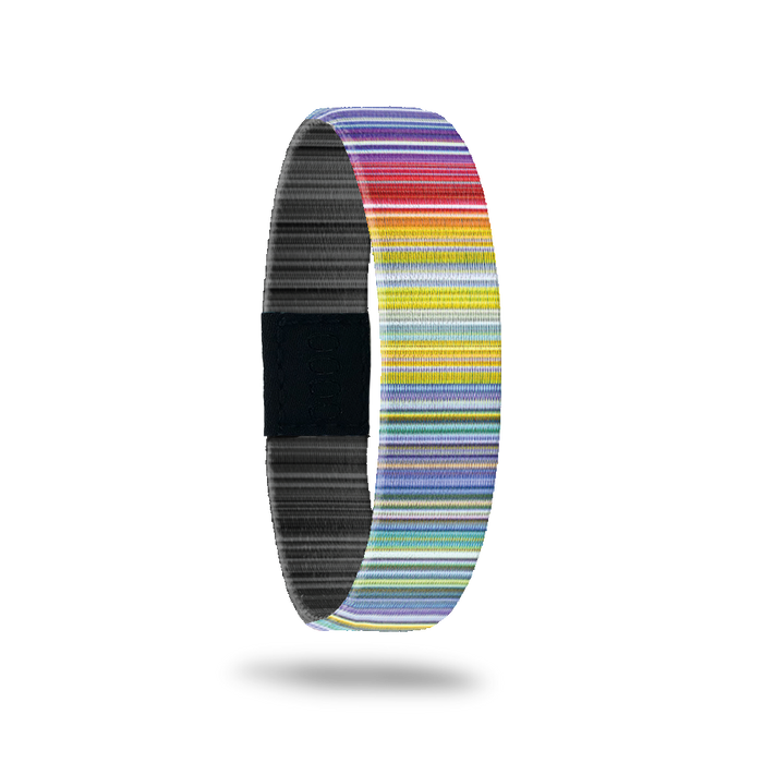 Outside Design of Happy Accidents: bright rainbow colored striped design