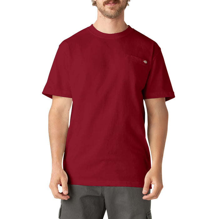 Burgundy short-sleeve t-shirt with chest pocket worn by man with gray pants.