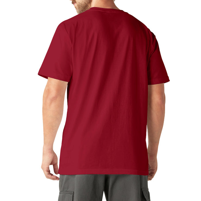 Man wearing burgundy short-sleeve t-shirt with chest pocket, shown from back view.