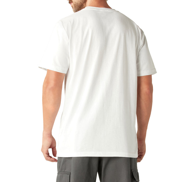 White short sleeve t-shirt with chest pocket, shown on model from back view.