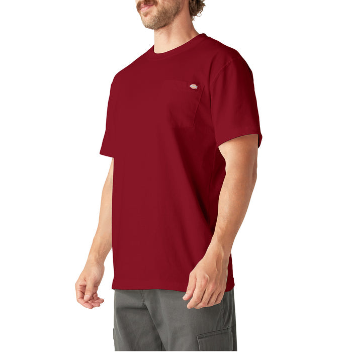 Burgundy short-sleeve t-shirt with chest pocket and small logo detail, worn with gray cargo pants.