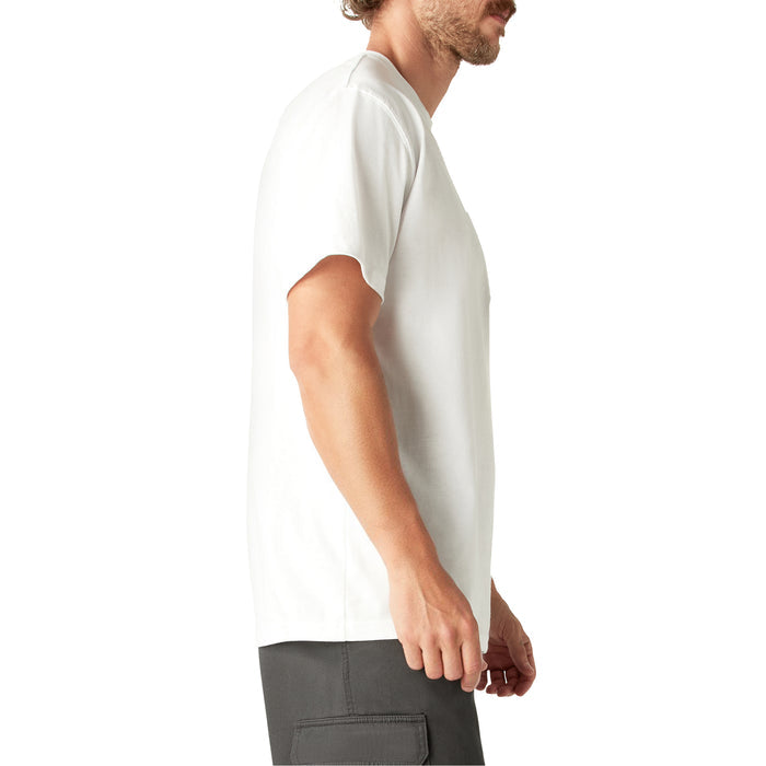 White short-sleeve t-shirt with chest pocket, shown on male model in side profile view.