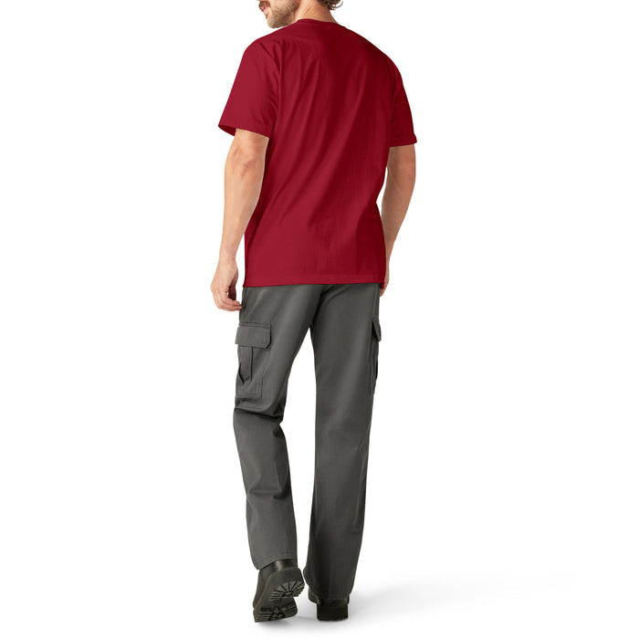 Man wearing burgundy short-sleeve pocket t-shirt and gray cargo pants, shown from back view.