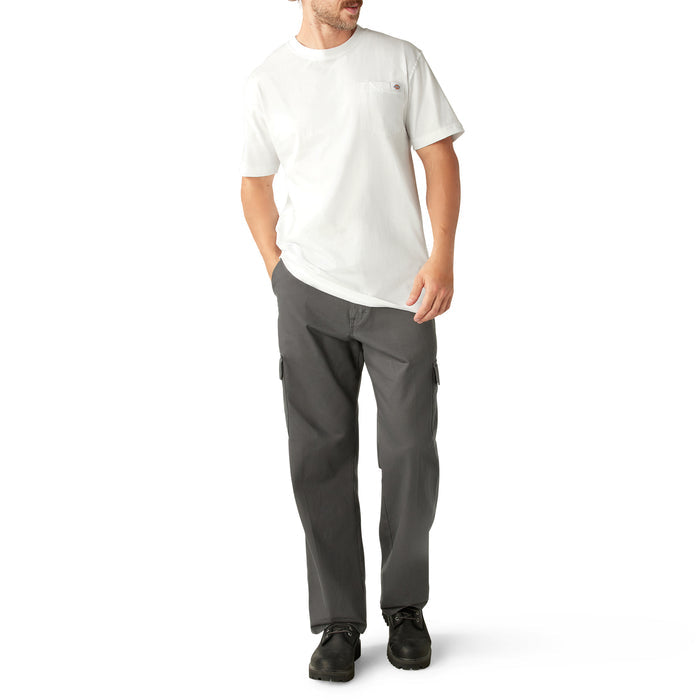 White short sleeve t-shirt with chest pocket, worn with gray cargo pants.
