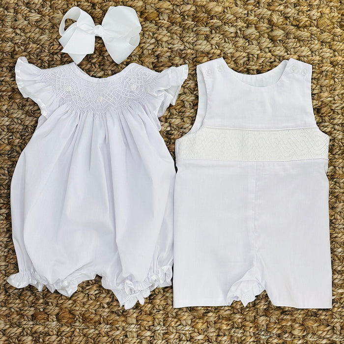 Heirloom White Smocked Romper with White Stitching