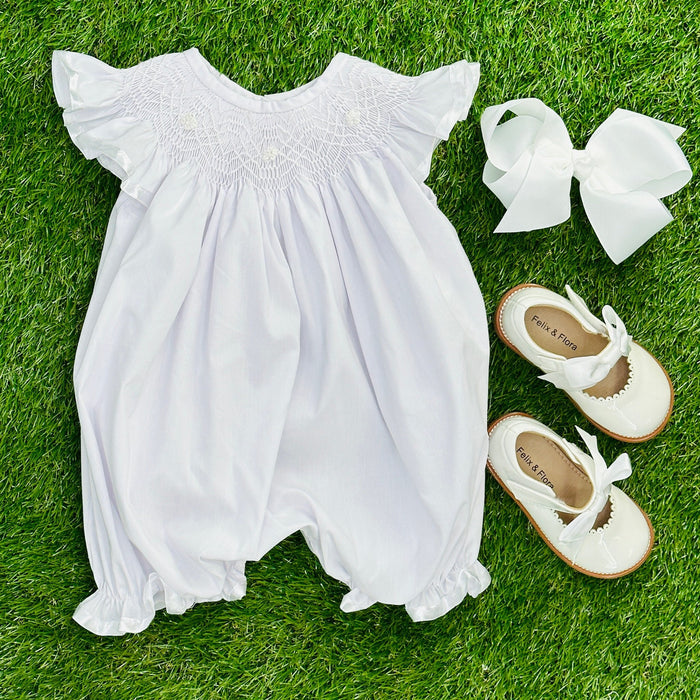 Heirloom White Smocked Romper with White Stitching