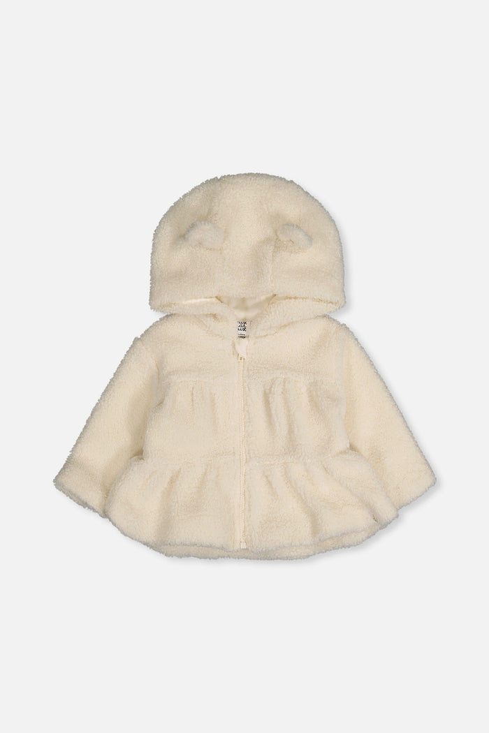 Deux par Deux baby girls off-white hooded sherpa jacket with ears, front view