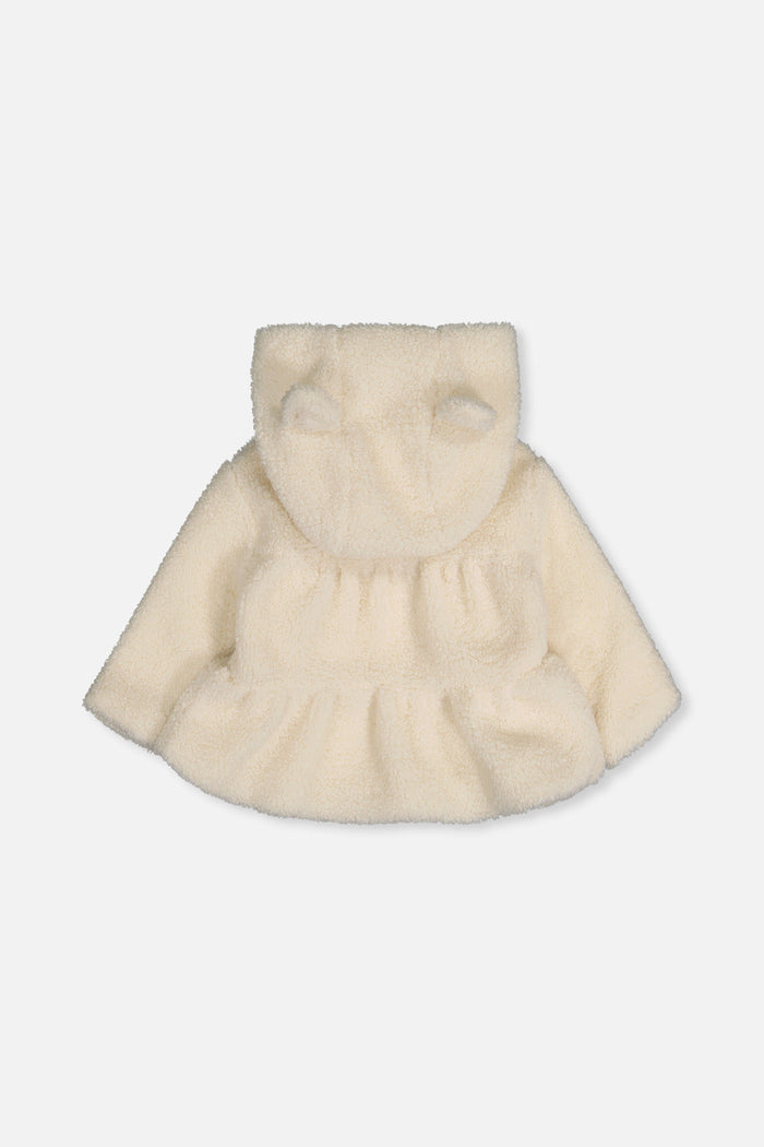 Deux par Deux baby girls off-white sherpa jacket, back view showing the hood ears