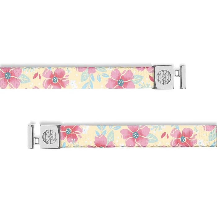 Flat hoodie string with a pale yellow background. HIghlighted with pink hibiscus flowers. Inside reads "I Choose Joy" and the aglets are silver.