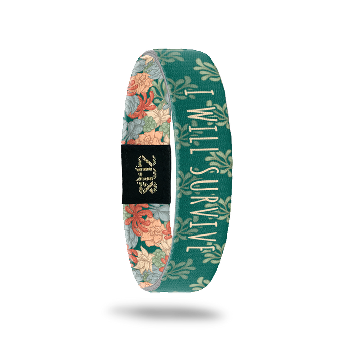 Inside Design of I Will Survive: dark green background with light green leaves and tan text ‘I Will Survive’