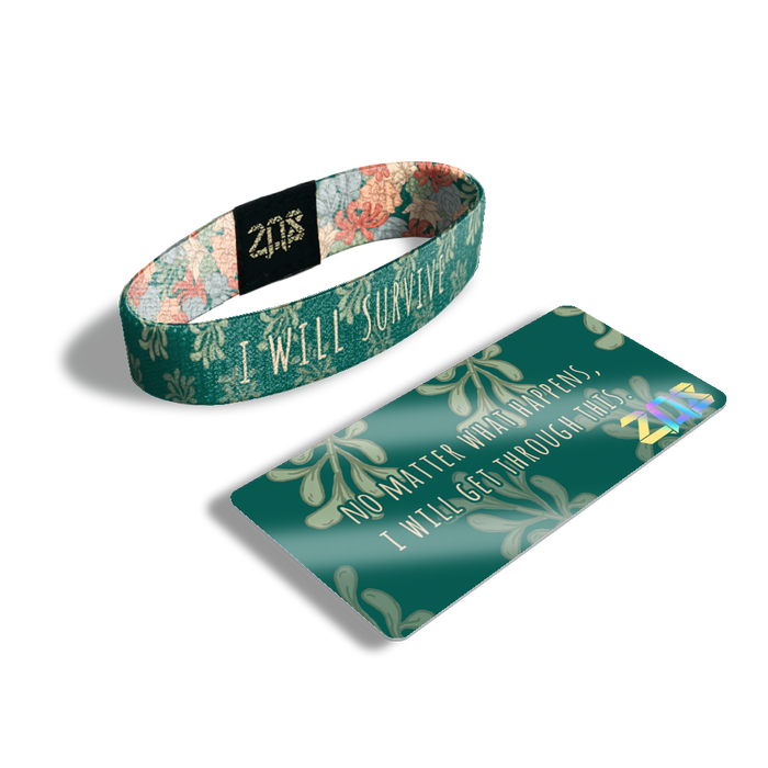 Inside Design of I Will Survive: dark green background with light green leaves and tan text ‘I Will Survive’ with its card that says 'No matter what happens, I will get through this.'