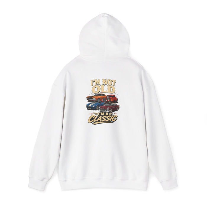 red hoodie with classic car slogan graphic for car enthusiasts