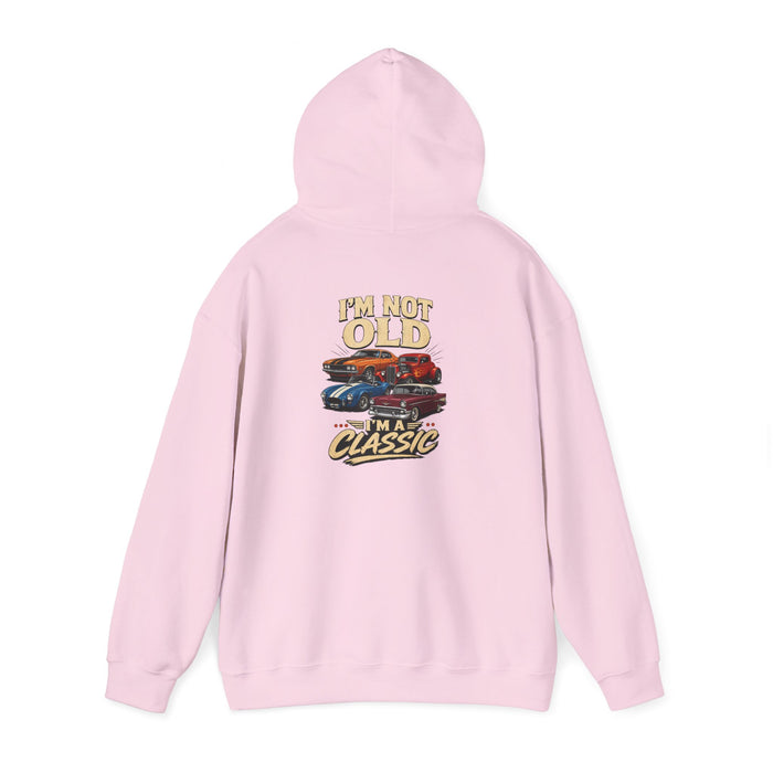 light blue hoodie with I'm not old I'm a classic car graphic