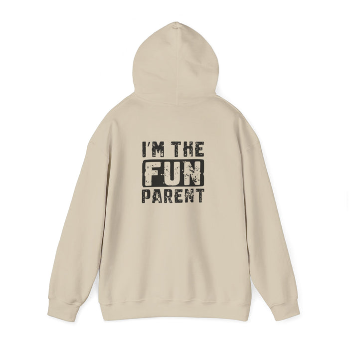 white hoodie with i'm the fun parent statement graphic for parents
