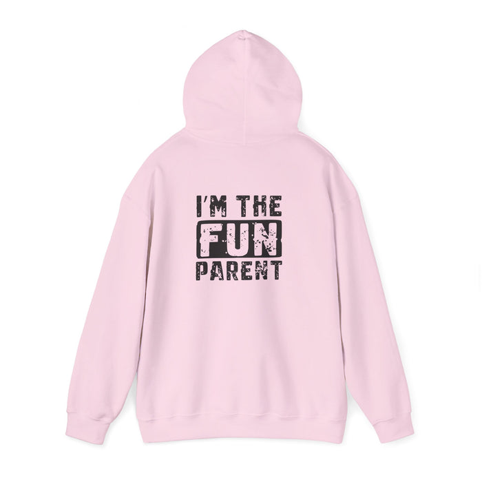 light blue hoodie with i'm the fun parent family humor graphic