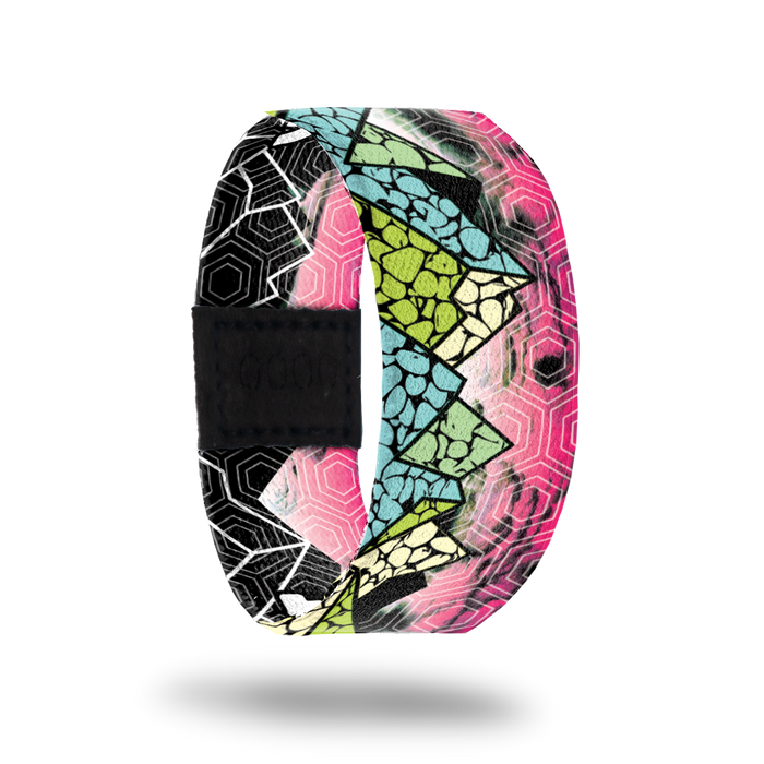 Outside design of In This Together. Pink background with drawn light blue and green mountain range. Mountains have a drawn in rubble texture with thin black lines.