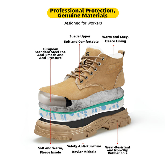 On-foot view of SafeStep Gear winter safety boots featuring thick fur lining and durable tan suede leather for cold weather work.