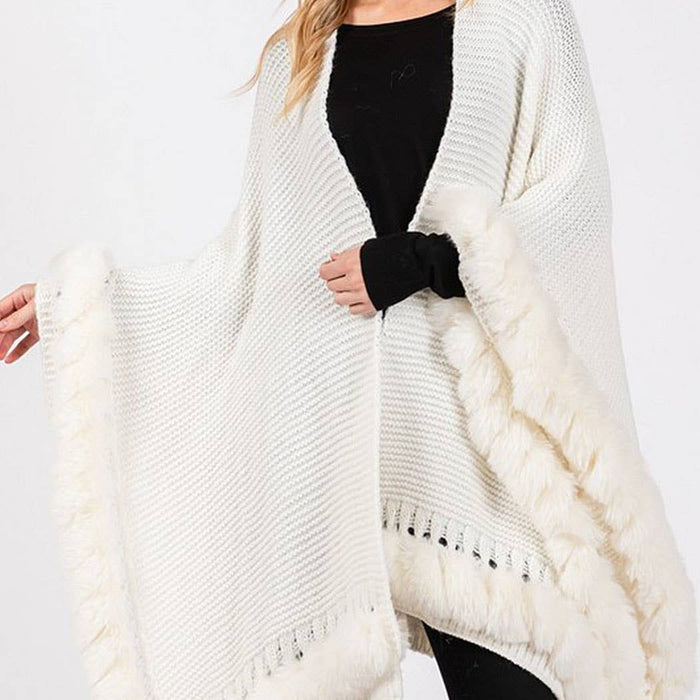 Ivory Luxury Faux Fur Trim Cape Poncho