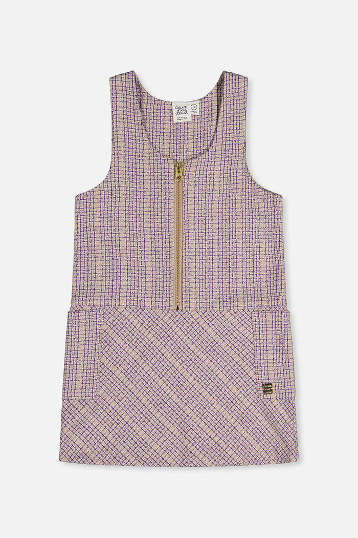 Deux par Deux girls' purple checkered sleeveless pinafore jumper, front view