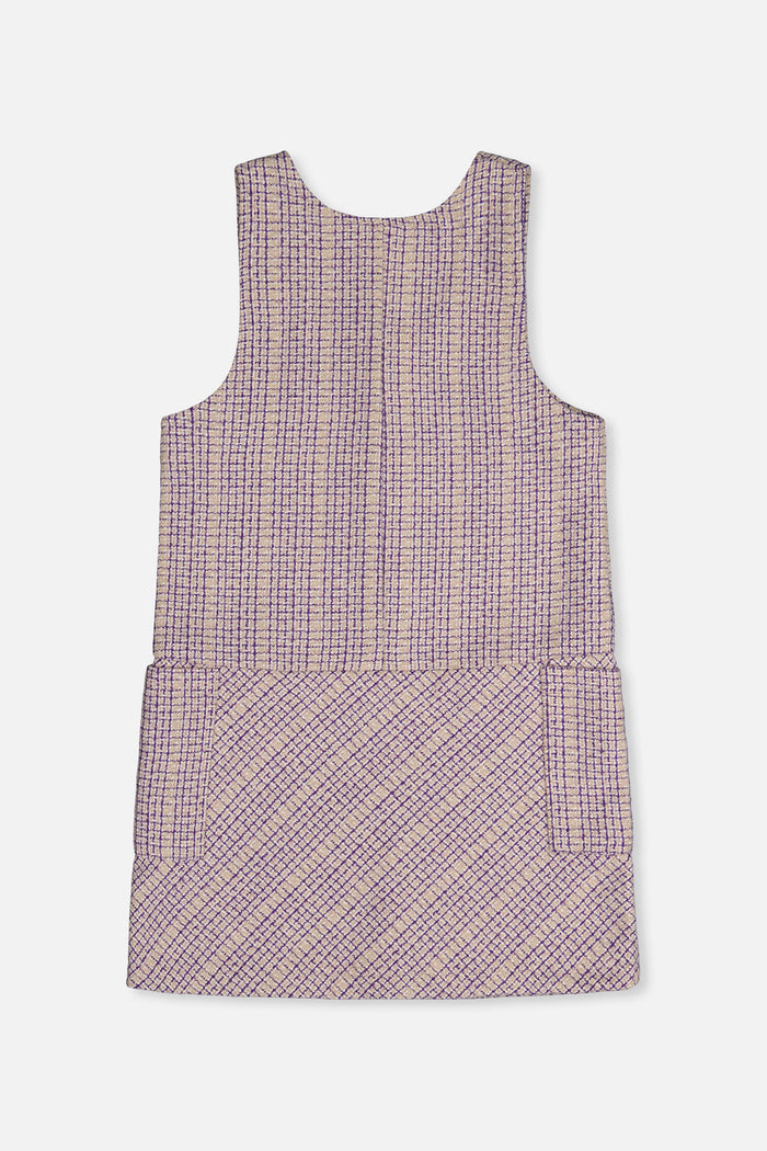 Deux par Deux girls' purple checkered pinafore jumper, back view
