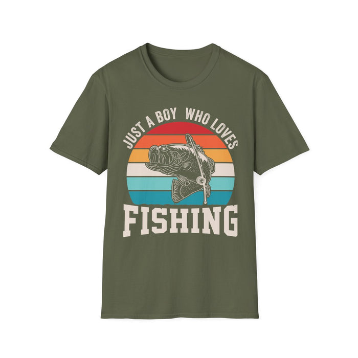 dark chocolate t-shirt with just a boy who loves fishing funny design