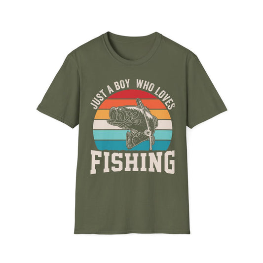 dark chocolate t-shirt with just a boy who loves fishing funny design