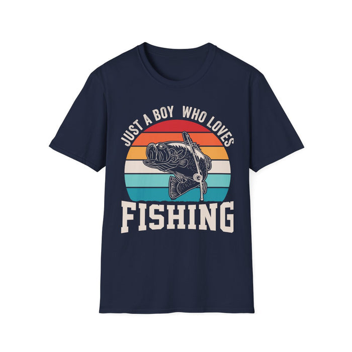 black t-shirt with just a boy who loves fishing funny print