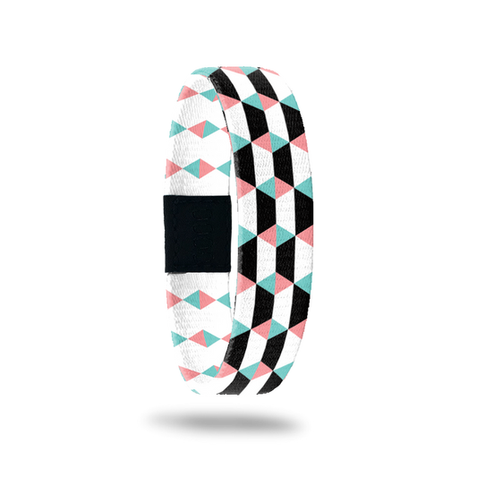 Outside Design of Just Breathe: geometric white, black, pink and blue design