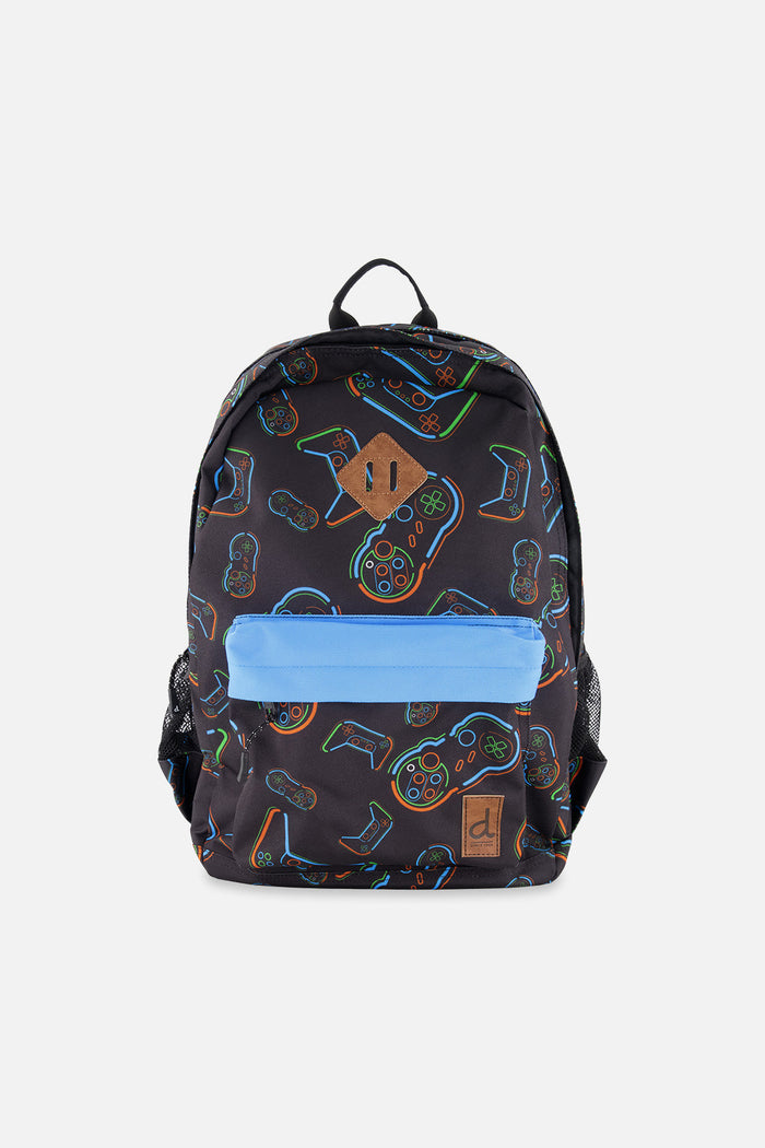 Deux par Deux black controller print kids backpack, front view