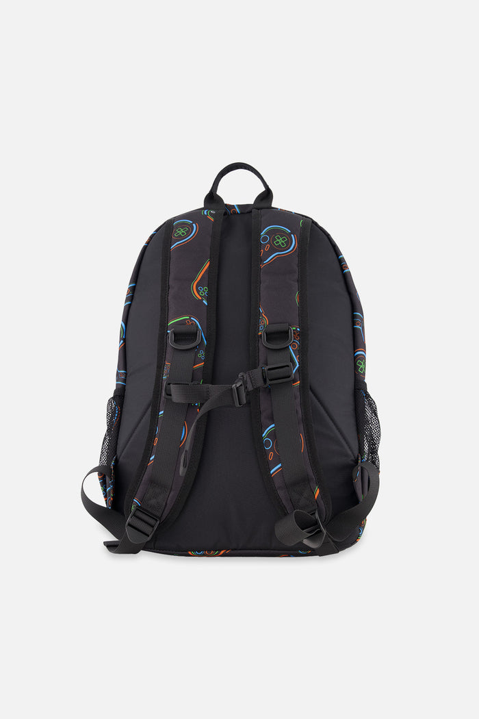 Deux par Deux black controller print kids backpack, back view