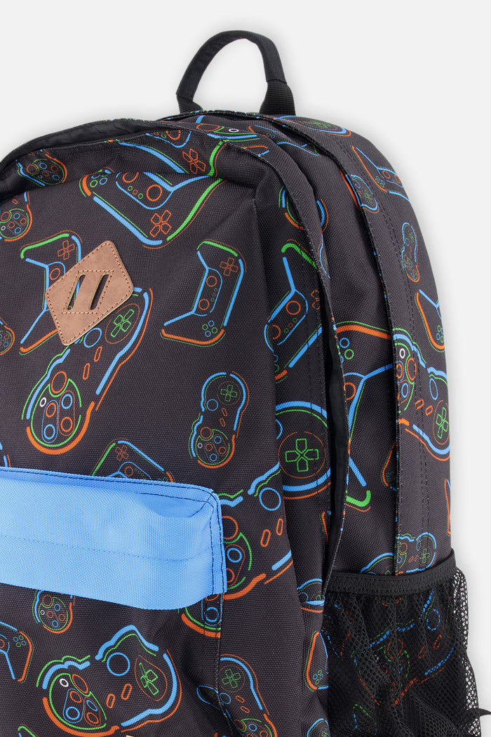 Deux par Deux black controller print kids backpack, close-up view