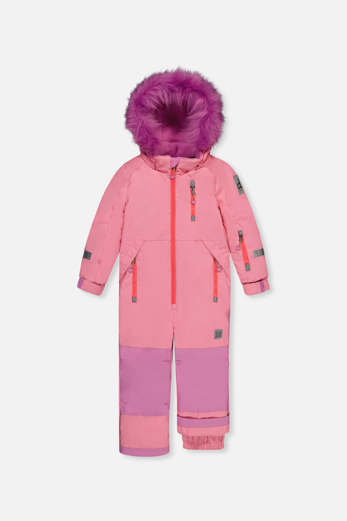 Deux par Deux PLAY one-piece snowsuit in pink with purple-pink faux-fur hood trim, front view