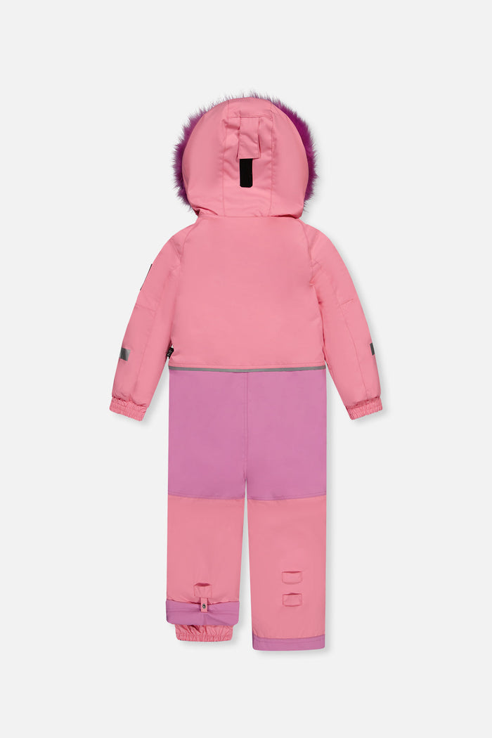 Pink Deux par Deux PLAY one-piece snowsuit with faux-fur hood trim, back view