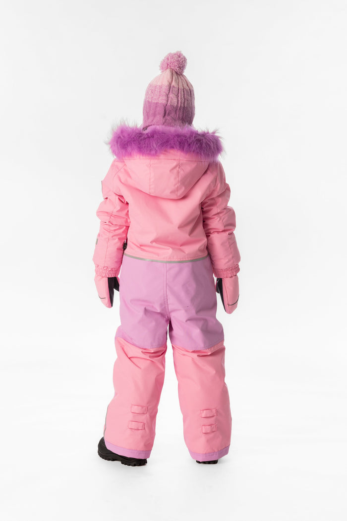 Child wearing the pink Deux par Deux PLAY one-piece snowsuit, back view