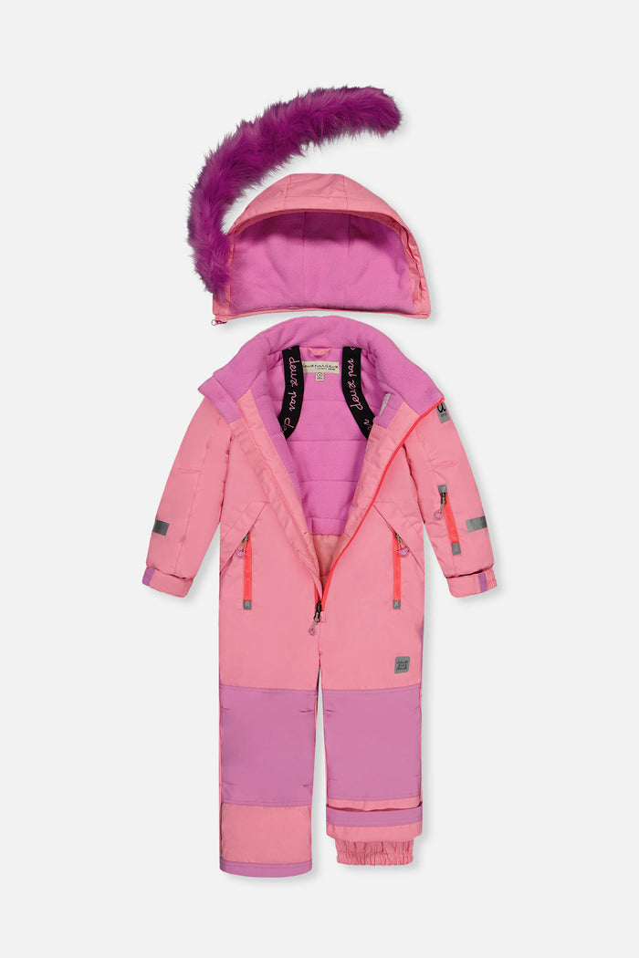Pink Deux par Deux PLAY one-piece snowsuit unzipped with the faux-fur hood detached, showing the lining