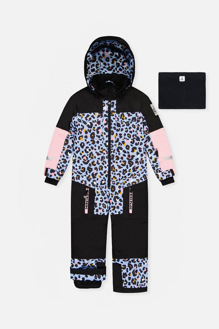 Deux par Deux girls' TEKNIK one-piece snowsuit in blue leopard print – front view