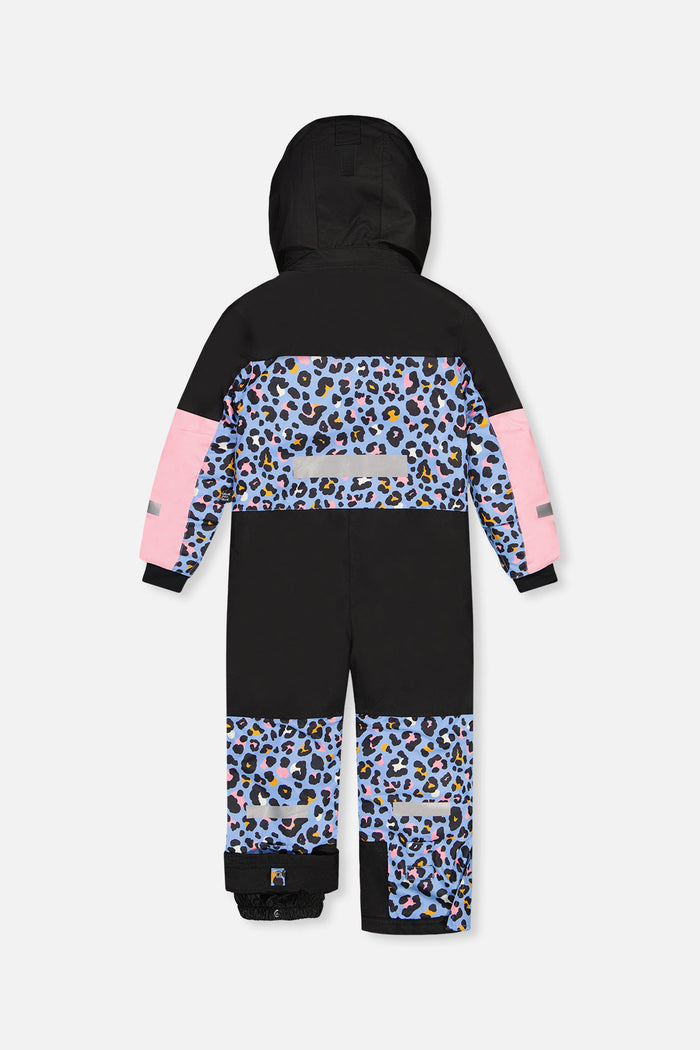 Deux par Deux girls' TEKNIK one-piece snowsuit in blue leopard print – back view
